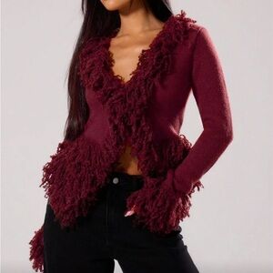SHEIN Burgundy Fringed Cardigan